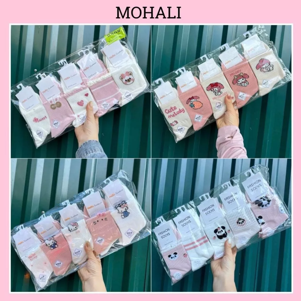 Set 5 đôi tất vớ nữ cổ cao màu hồng cotton kháng khuẩn thấm hút mồ hôi tốt MOHALI SVC012