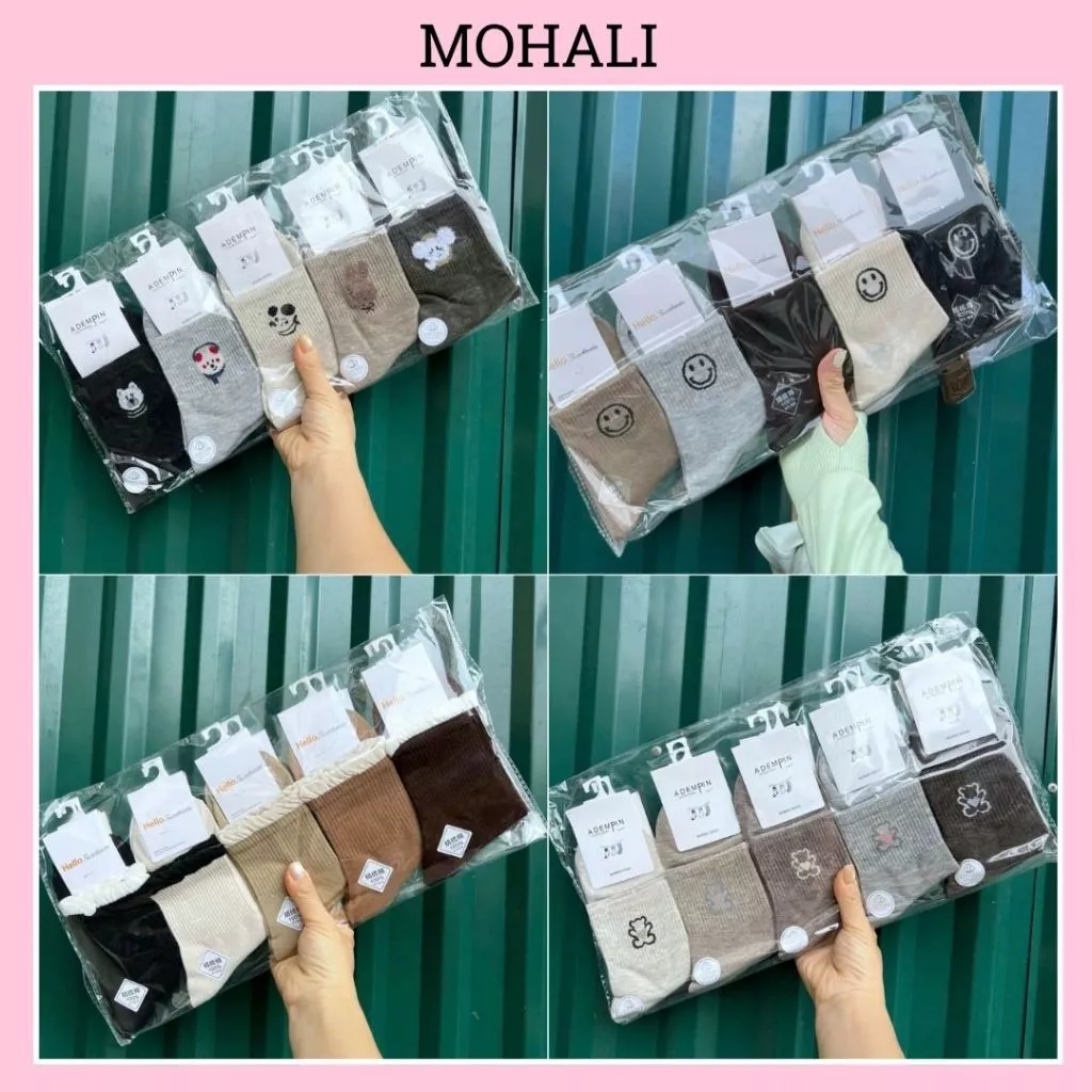 Set 5 đôi tất vớ nữ cổ cao màu nâu cotton êm chân thấm hút mô hôi tốt MOHALI SVC003