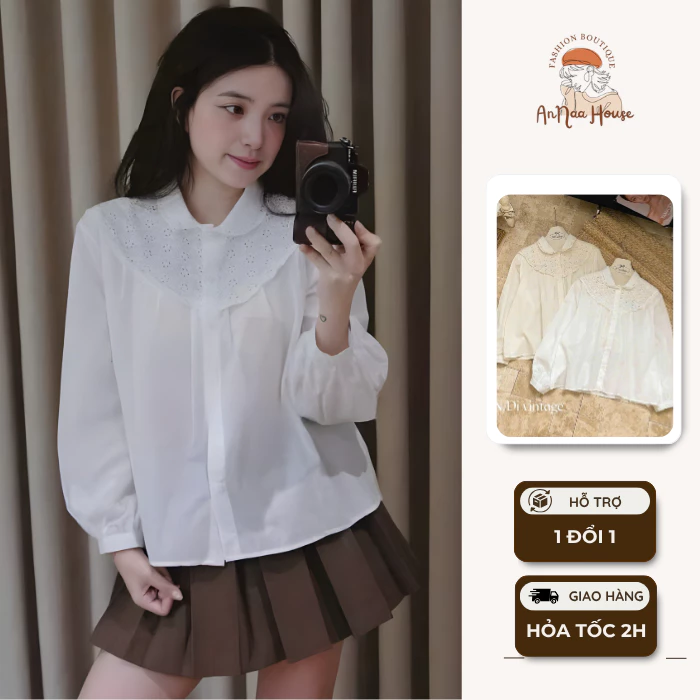 Áo sơ mi phối cổ sen thanh lịch tôn dáng phù hợp đi làm đi chơi