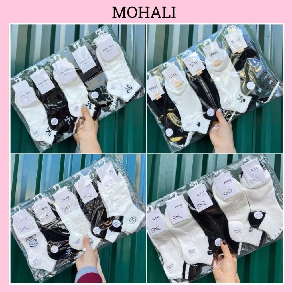 Set 5 đôi vớ cổ ngắn tổng hợp mẫu đen trắng cotton kháng khuẩn thấm hút mô hôi tốt MOHALI SVN102