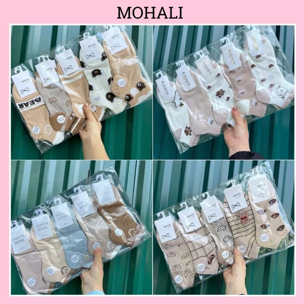 Set 5 đôi tất vớ cổ ngắn tổng hợp mẫu nâu be cotton kháng khuẩn thấm hút mô hôi tốt MOHALI SVN034