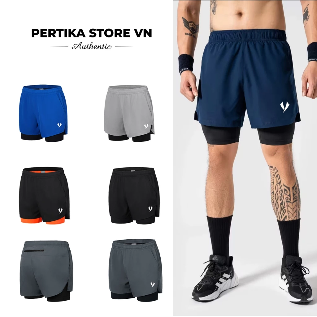 Quần đùi nam 2 lớp PerTiKa, Quần short nam thể thao vải mềm mát, co giãn tập gym, chạy bộ, cầu lông