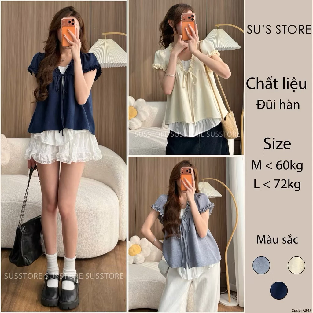 Áo Babydoll Viền Bèo Cộc Tay Nơ Ngực Phối Ren Boi Trắng KENCO Thời Trang Nữ MA848