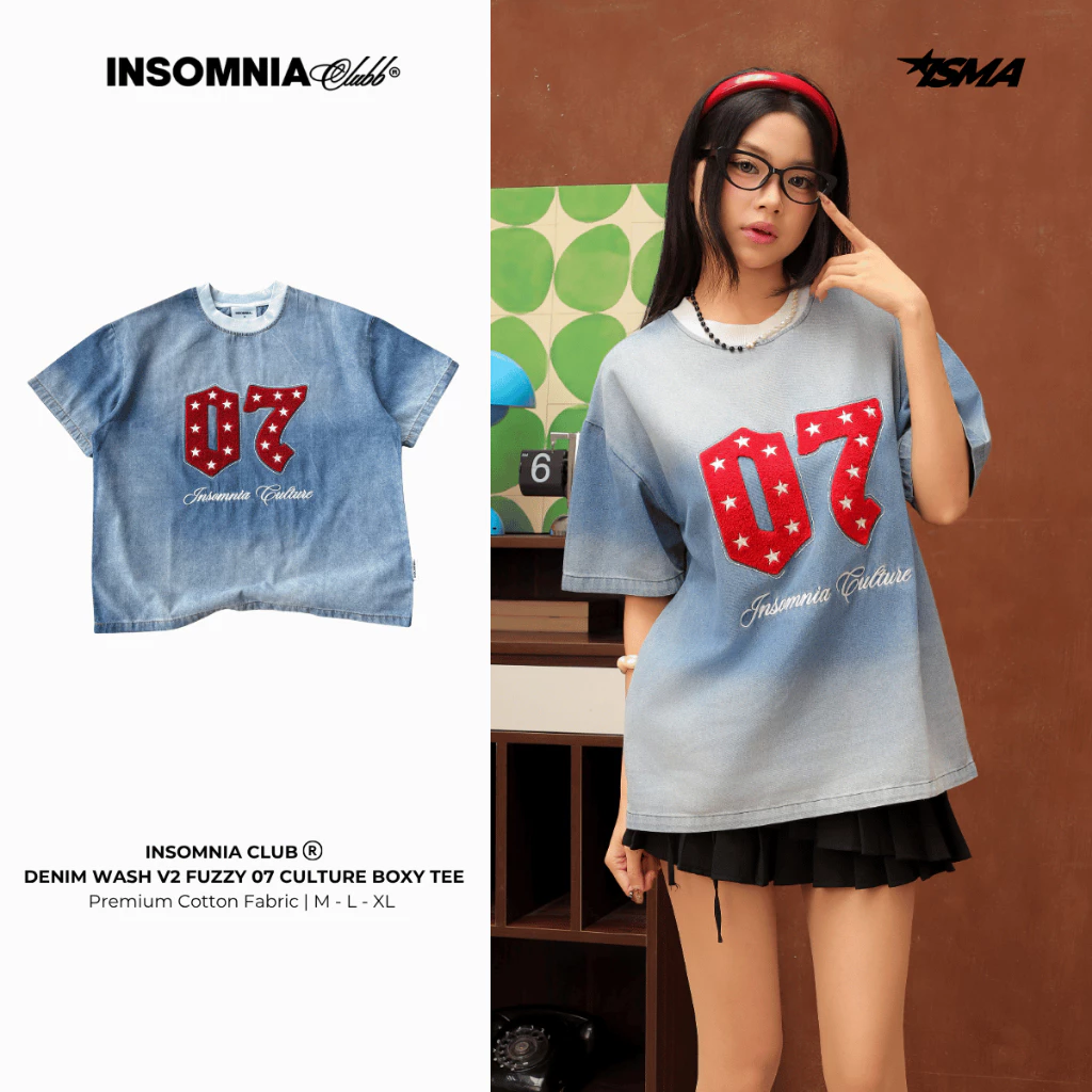 [MỚI] Áo Thun Boxy Denim Wash Ver2 Thêu Xù 07 INSOMNIA CULTURE - TS073