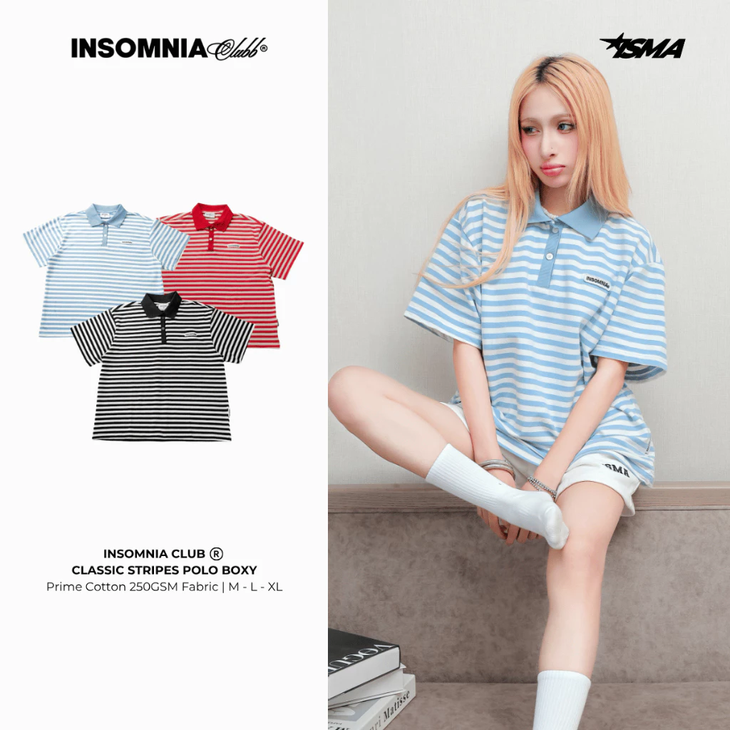 Áo Polo Boxy Stripes INSOMNIA Cotton Đính Tag Da - TS055