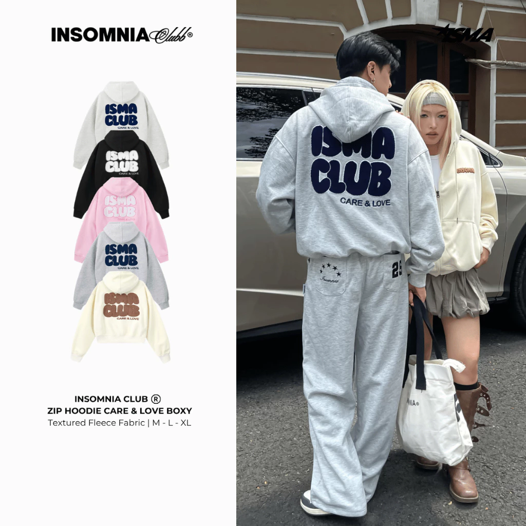 Áo Hoodie Zip 2 Da Thêu Xù Care & Love INSOMNIA Form Boxy - HD010