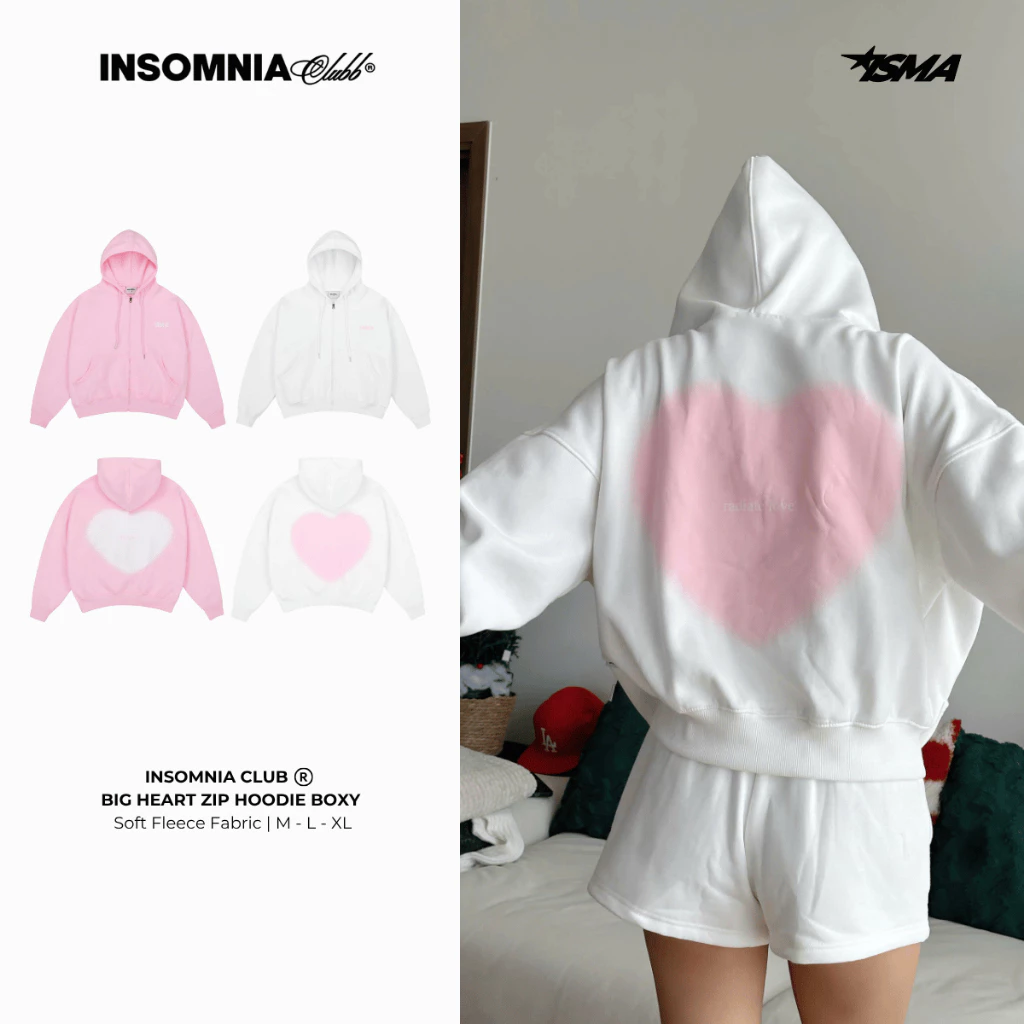 Áo Khoác Hoodie Zip Big Heart INSOMNIA Form Boxy Chất Nỉ Bông Cao Cấp - HD009