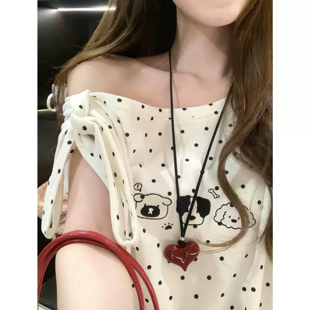 Áo Thun Nữ Chấm Bi Trễ Vai Kèm Dây Thắt, Áo Kiểu Mùa Hè Hình In Cute Mặc Đi Chơi, Du Lich