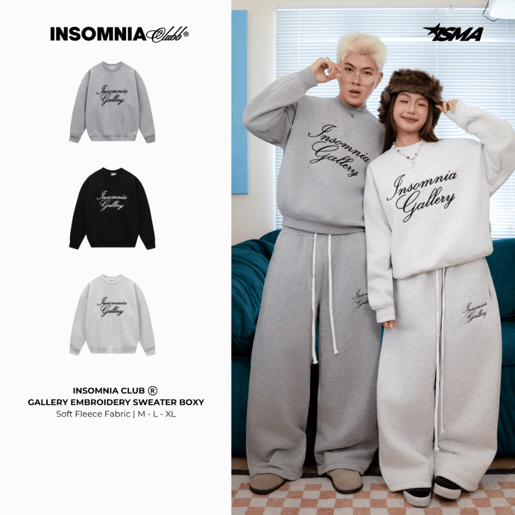[NEW ARRIVAL] Áo Nỉ Bông Sweater Thêu INSOMNIA Gallery Form Boxy Unisex - HD016