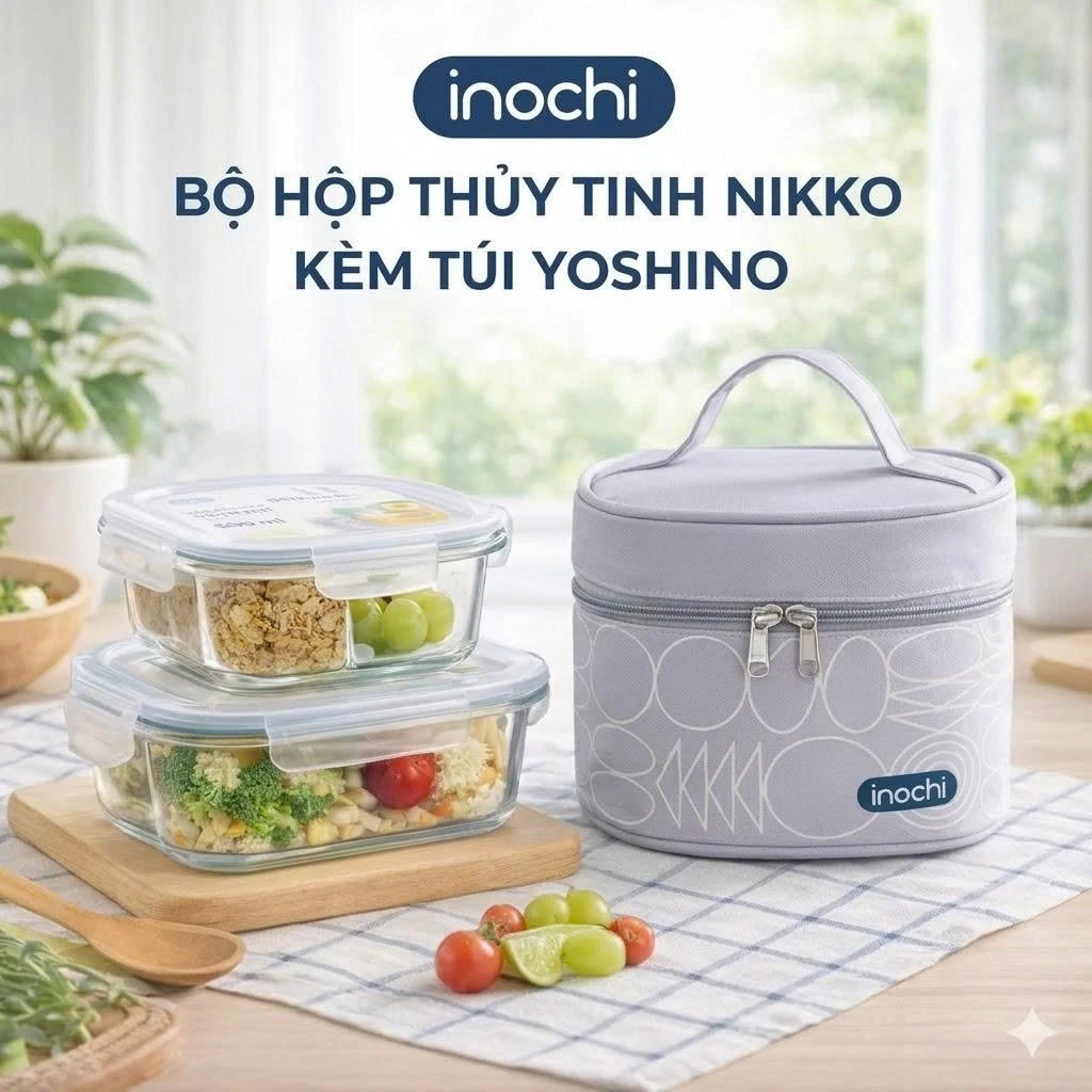 Bộ Hộp Thuỷ Tinh Nikko Kèm Túi Yoshino - Inochi: An Toàn, Kín Khít, Chịu Nhiệt, Bảo Quản Thực Phẩm