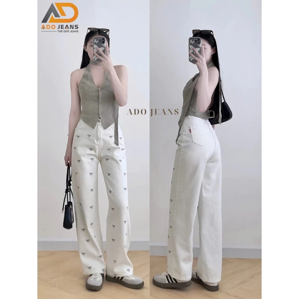 [Xả Kho] Quần jean dài nữ lưng cao ống suông  dáng, quần bò trắng thêu nơ siêu xinh xắn (D103)