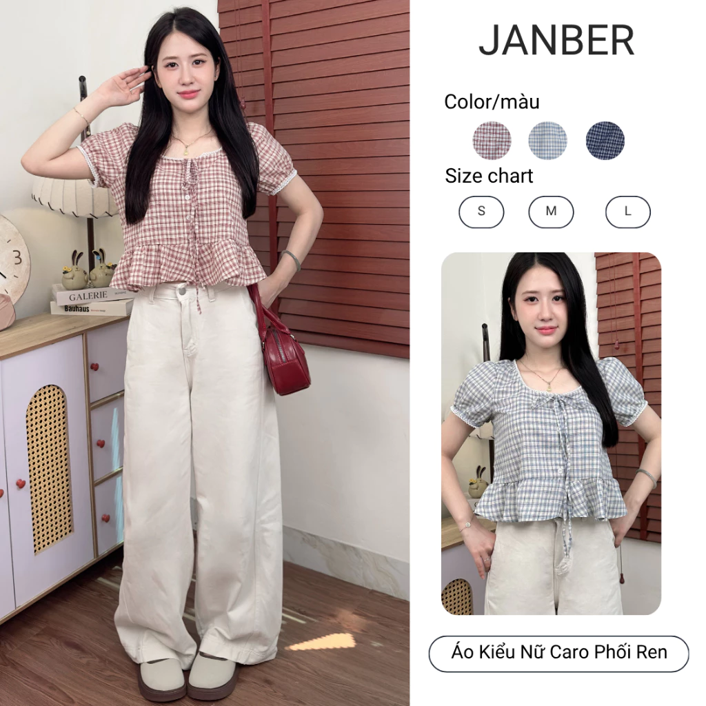 Áo Babydoll Kiểu Xinh Caro Tay Bồng Cổ Vuông Viền Ren Tiểu Thư Xinh Xắn Janber
