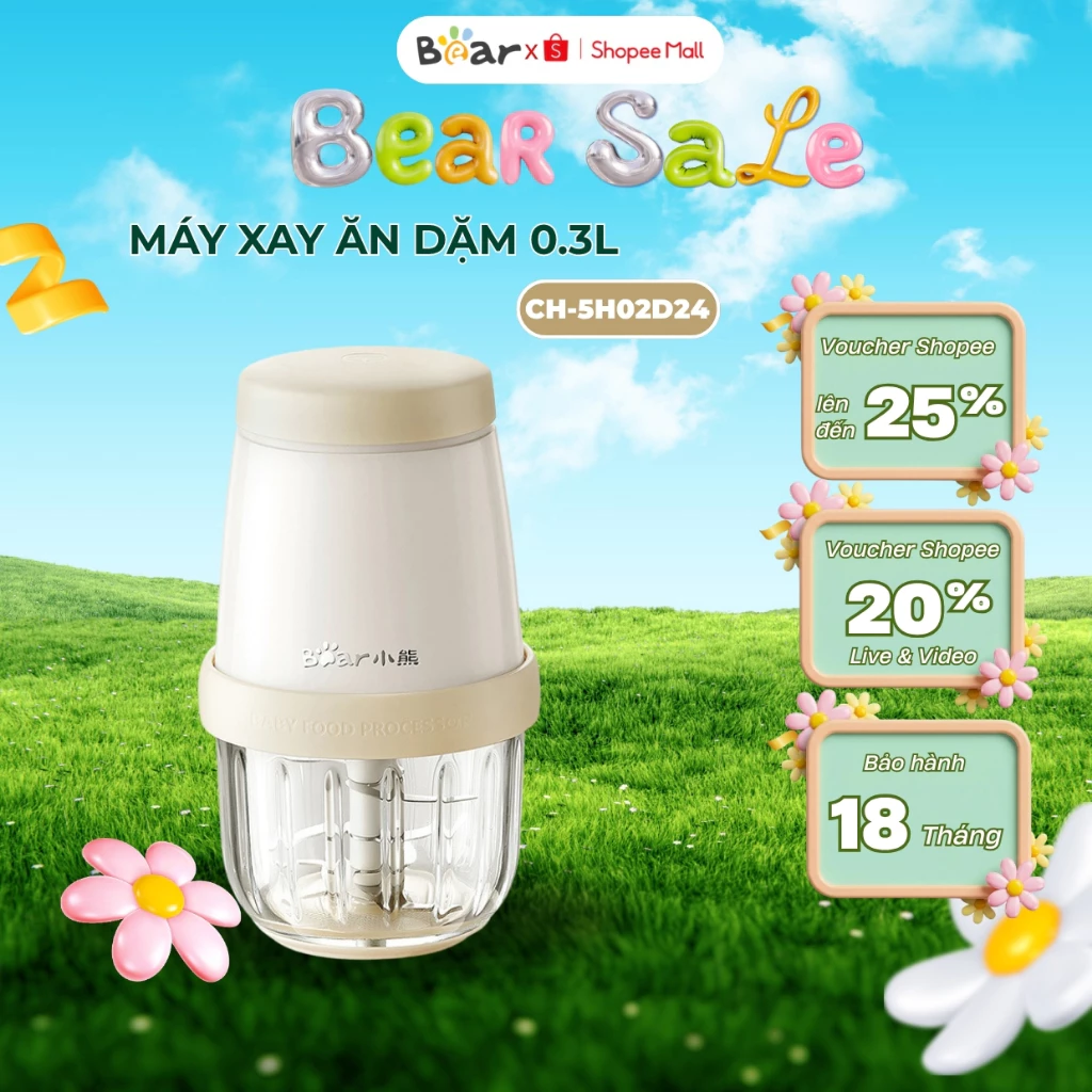 Máy xay ăn dặm cho bé 0.3L BEAR CH-5H02D24, Công Suất 200W, 8 Lưỡi, cối thủy tinh, Bảo Hành 18 tháng