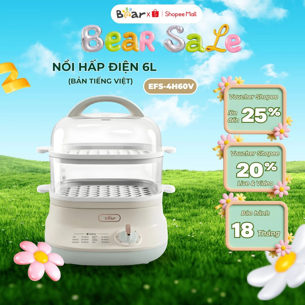 Nồi Hấp Điện 2 Tầng Đa Năng Bear 6L EFS-4H60V, Công suất 650W, 6 Chế Độ Không Gây Mùi, BH 18 Tháng