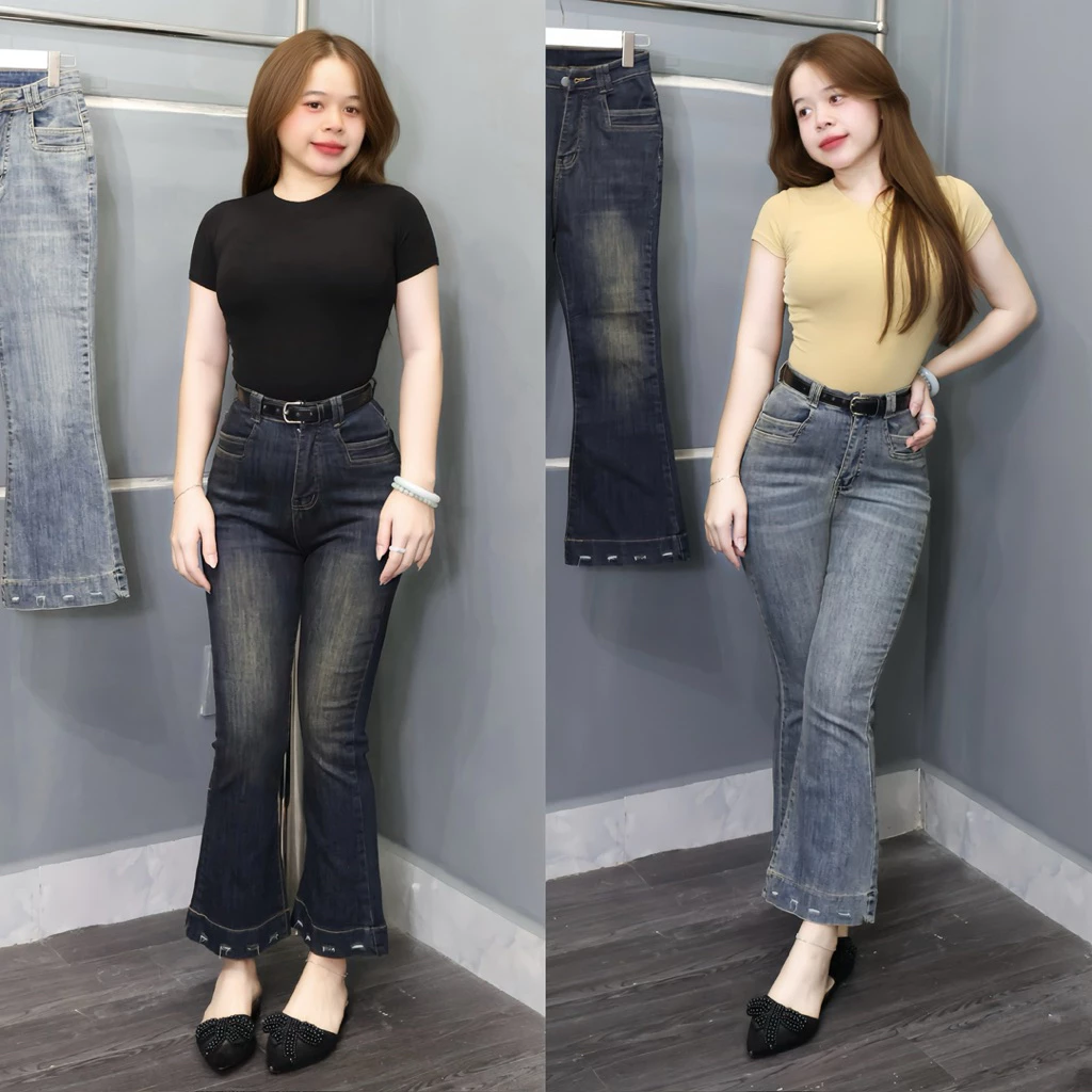 (90cm) Quần jean loe lỡ 9 tấc co giãn ,Tôn Dáng Dài 90cm Đủ size ( S M L ) Vải Co Giãn Mềm Mịn (L01 - Quần LOE LỠ 7419 )