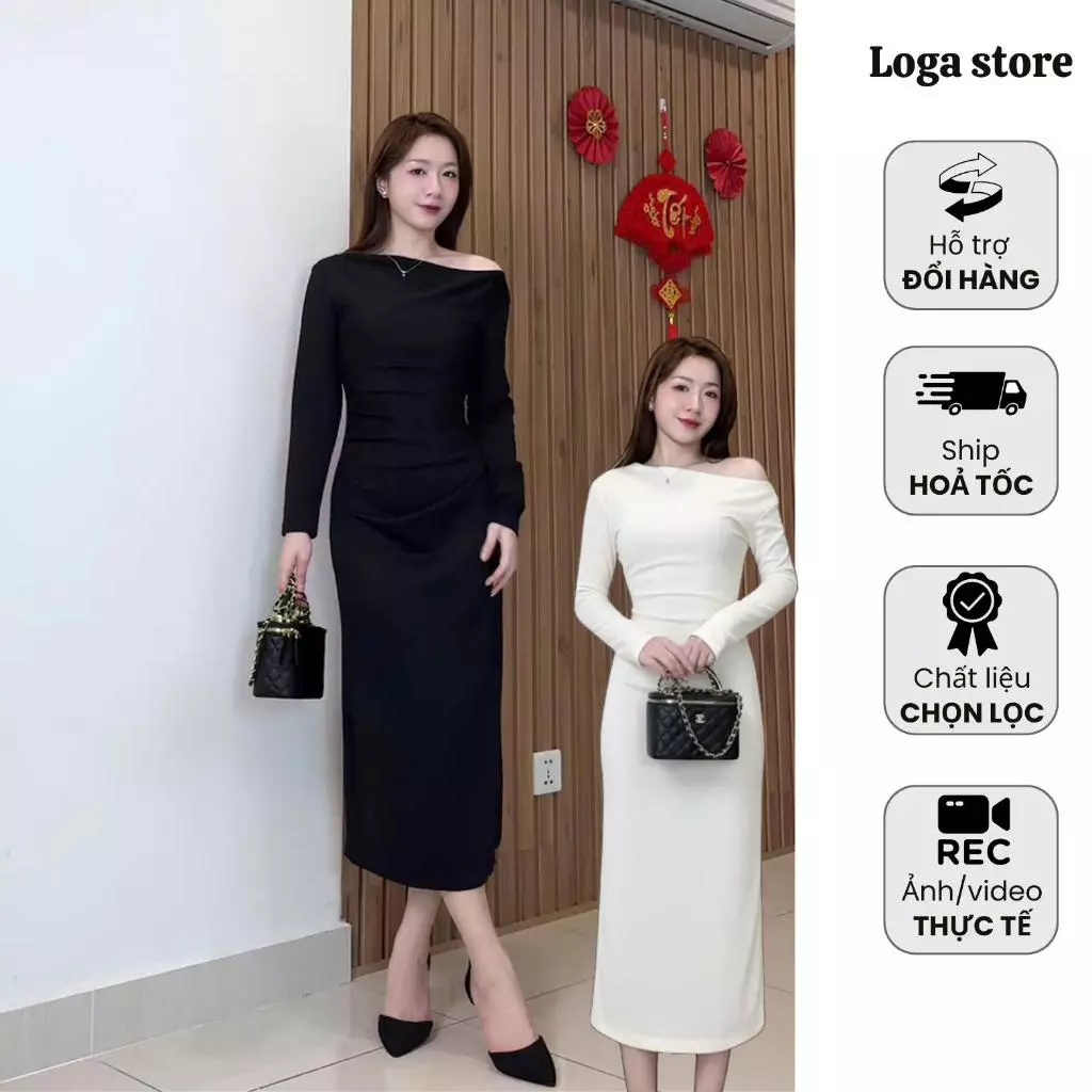 Đầm đi sự kiện trễ vai tay dài, váy body nữ nhún eo che khuyết điểm phong cách thanh lịch Logastore_L197