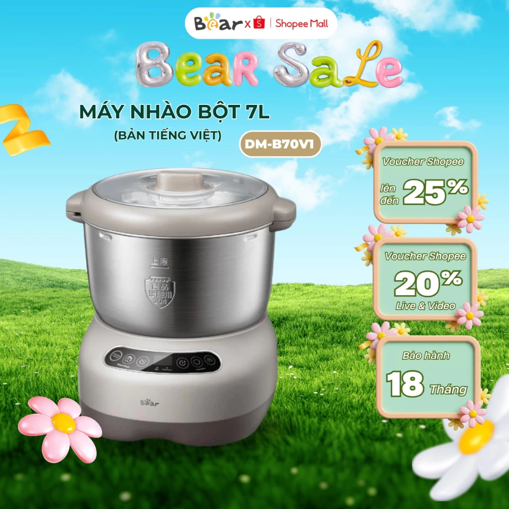 Máy trộn bột 7L Bear DM-B70V1 nhào bột làm bánh đa năng, 250W, thiết kế nhỏ gọn, Bảo hành 18 Tháng