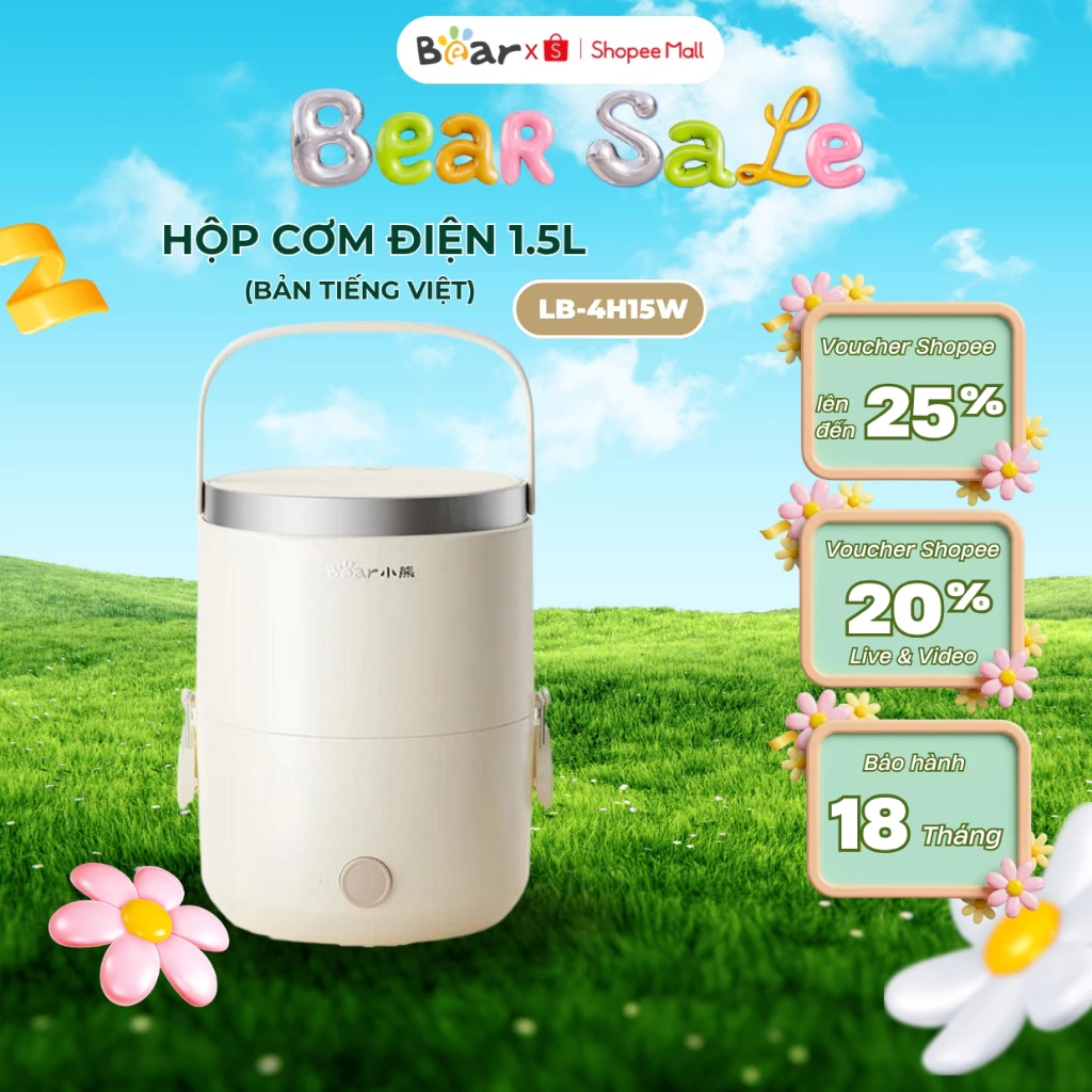 Hộp đựng cơm văn phòng inox BEAR LB-4H15W, 1.5L, cắm điện nấu/hấp/hâm nóng thức ăn, BH 18 tháng