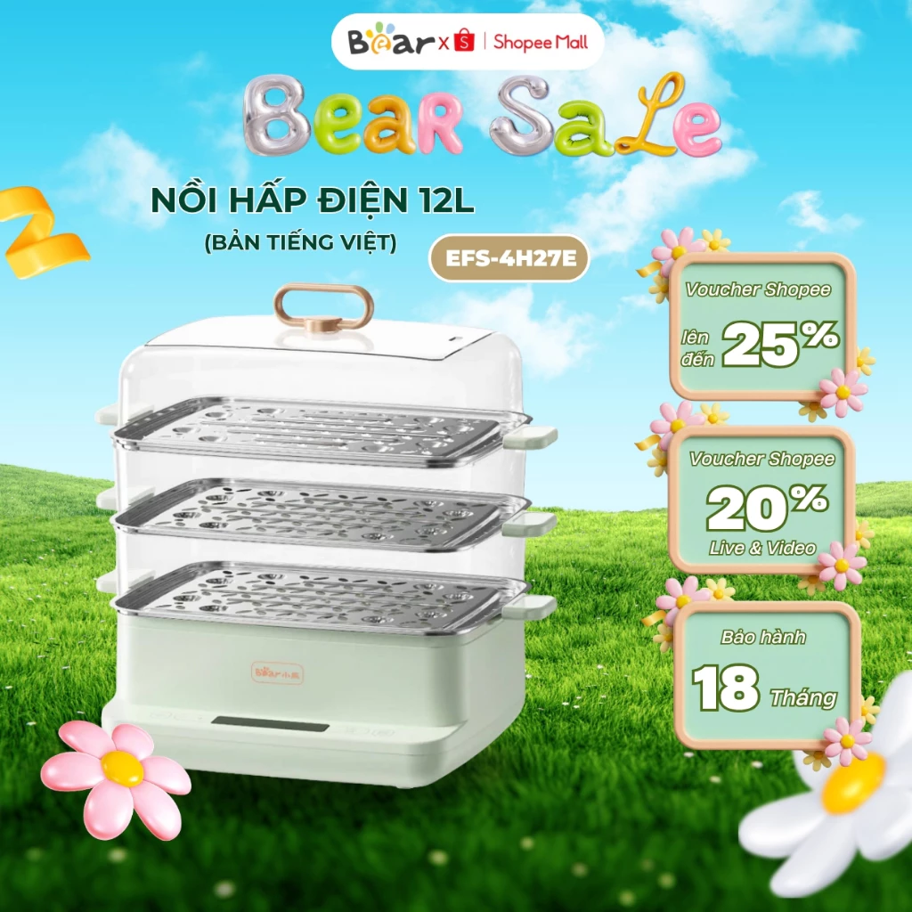 Nồi hấp điện 3 tầng 12L mini Bear EFS-4H27E, Công suất 800W, Xửng hấp Inox- Có hẹn giờ, BH 18 Tháng