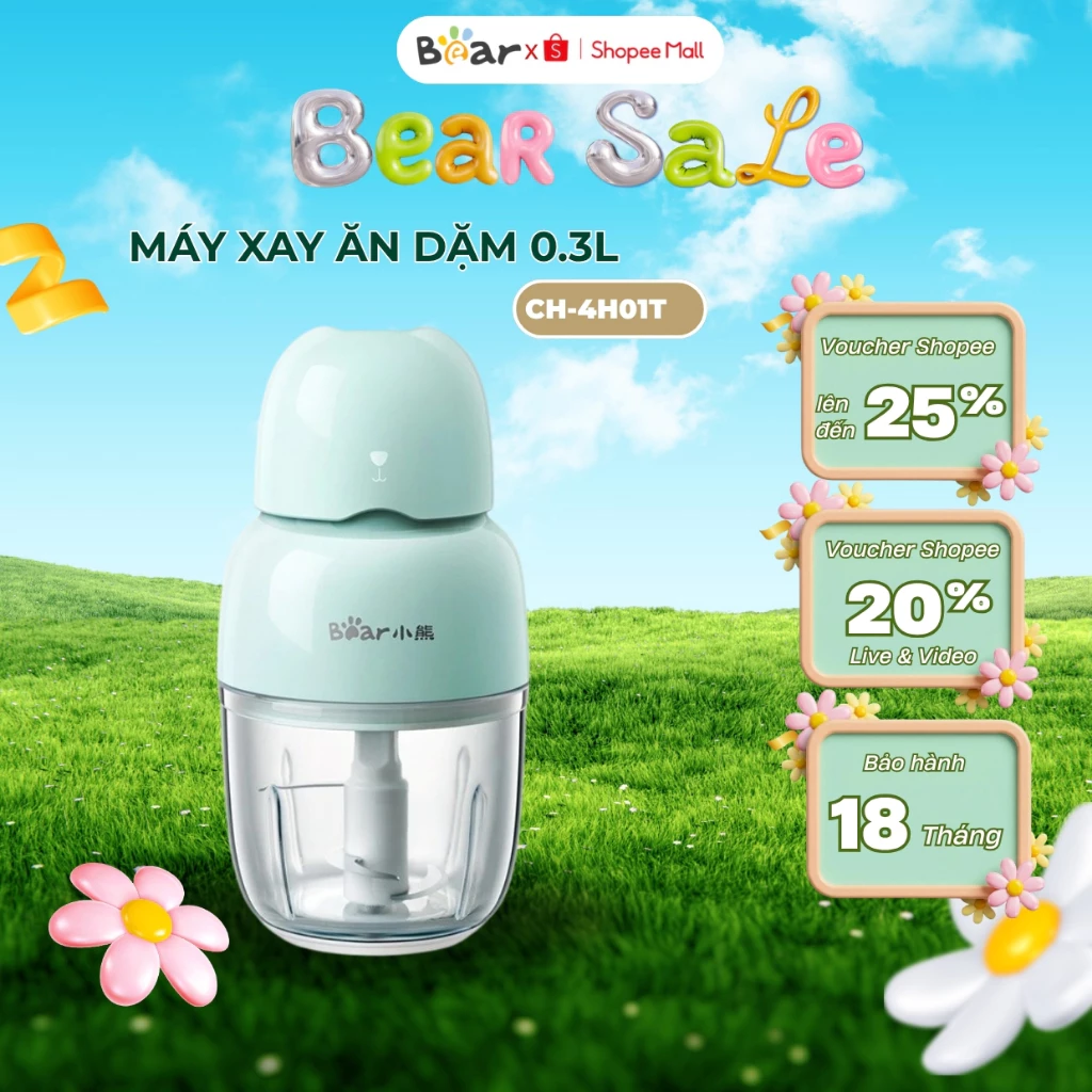 Máy Xay Ăn Dặm Cho Bé Bear Mini 0.3L Bear CH-4H01T (QSJ-B01P1), 120W, 3 Lưỡi Dao Inox, BH 18 Tháng
