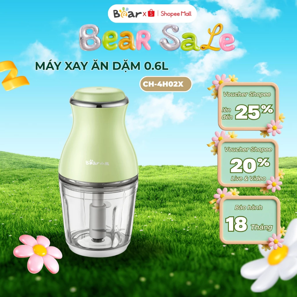 Máy Xay Ăn Dặm 0.6L Bear CH-4H02X (QSJ-B02X5), 3 Lưỡi Dao Inox 304, Xay Nhuyễn Thịt Cá Rau Củ Quả