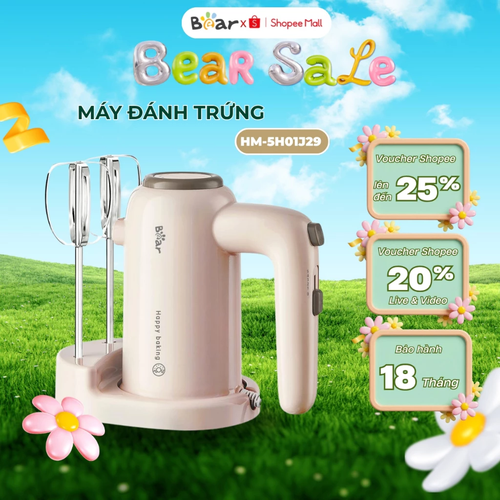 Máy đánh trứng cầm tay đa năng Bear HM-5H01J29, 125W, 5 tốc độ xoay, Chính Hãng, Bảo Hành 18 TH