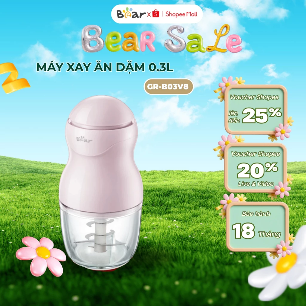Máy xay ăn dặm cho bé đa năng 0.3L Bear GR-B03V8, 8 Lưỡi, 200W, Xay thịt cá rau củ quả, BH 18 Tháng