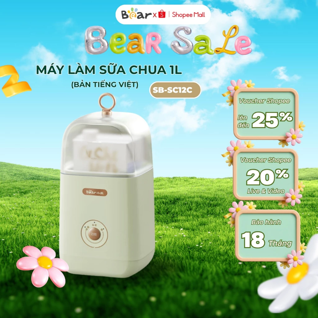 Máy Làm Sữa Chua Bear SB-SC12C, Dung Tích 1L, Lên Men Tự Động 3 Chức Năng, Tiết Kiệm Thời Gian