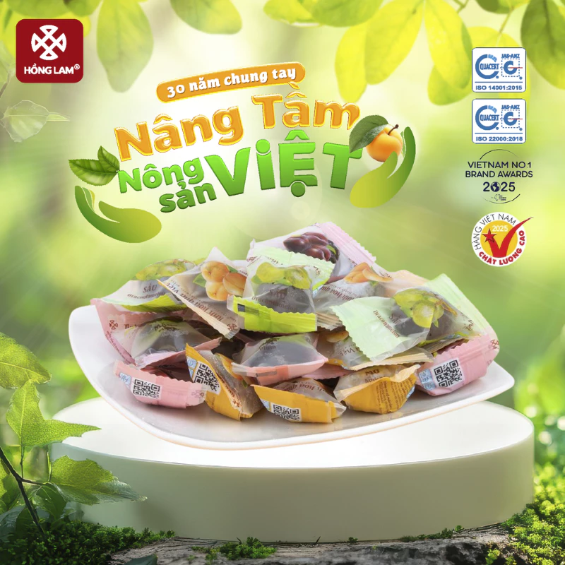 Ô mai ngũ quả Hồng Lam, gồm 5 vị quả ô mai kết hợp. Dạng hộp và gói