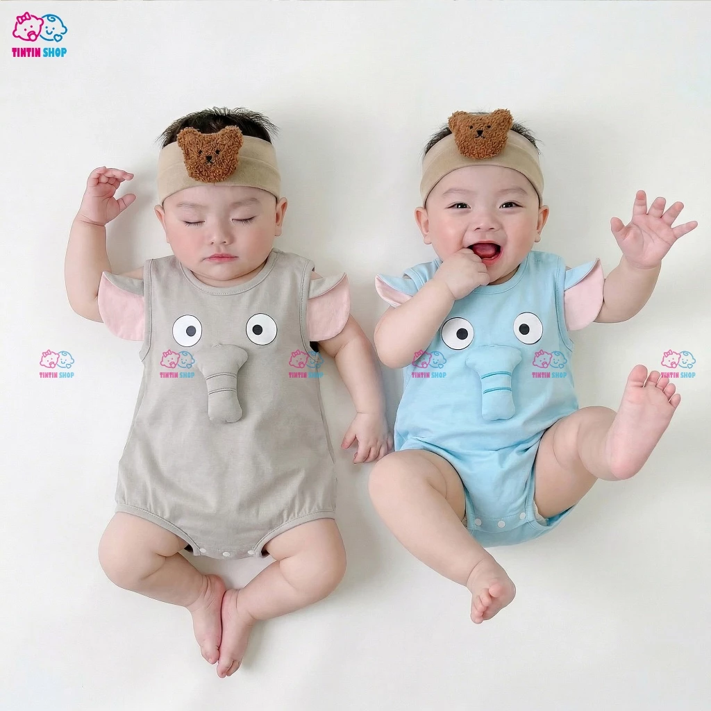 Áo liền quần Body chip cộc tay Bodysuit liền thân cho bé sơ sinh bé trai bé gái Body hình voi con SLH163