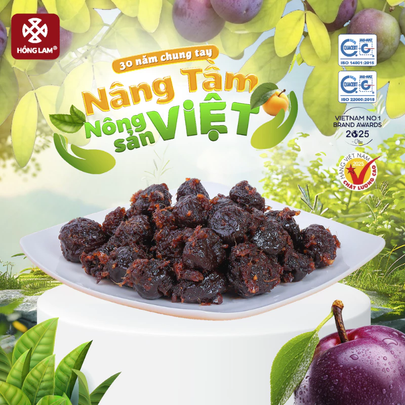 Ô mai (xí muội) mận xào chua ngọt Hồng Lam, dạng hộp. Có vị chua, ngọt, dẻo của gừng