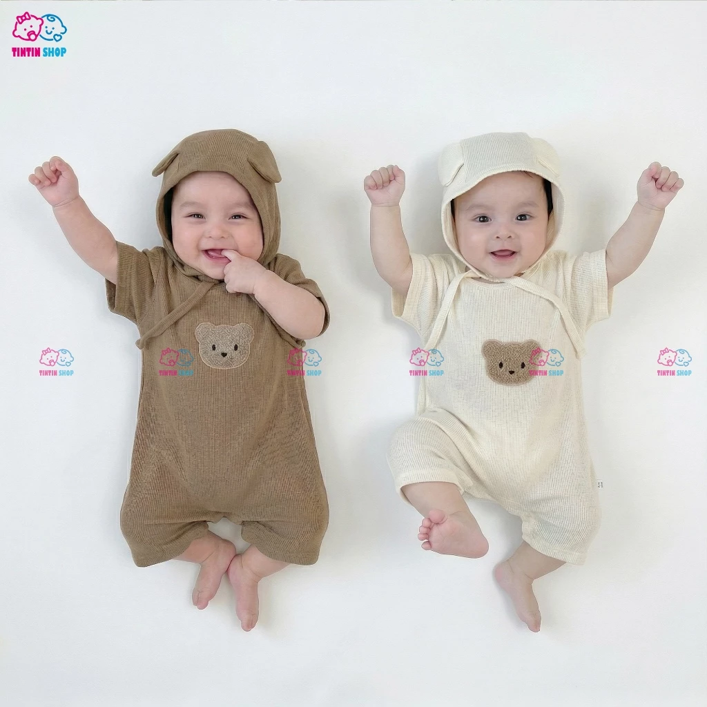 Bodysuit cho bé Body đùi kèm mũ vải thun tăm cho bé trai bé gái  áo liền quần cho bé sơ sinh mặc hè SLH187