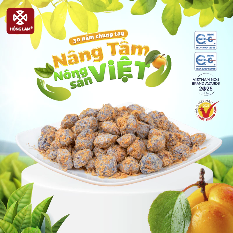 Ô mai (xí muội) mơ gừng chua mặn ngọt Hồng Lam, dạng hộp và gói. Có vị chua, mặn, ngọt của gừng