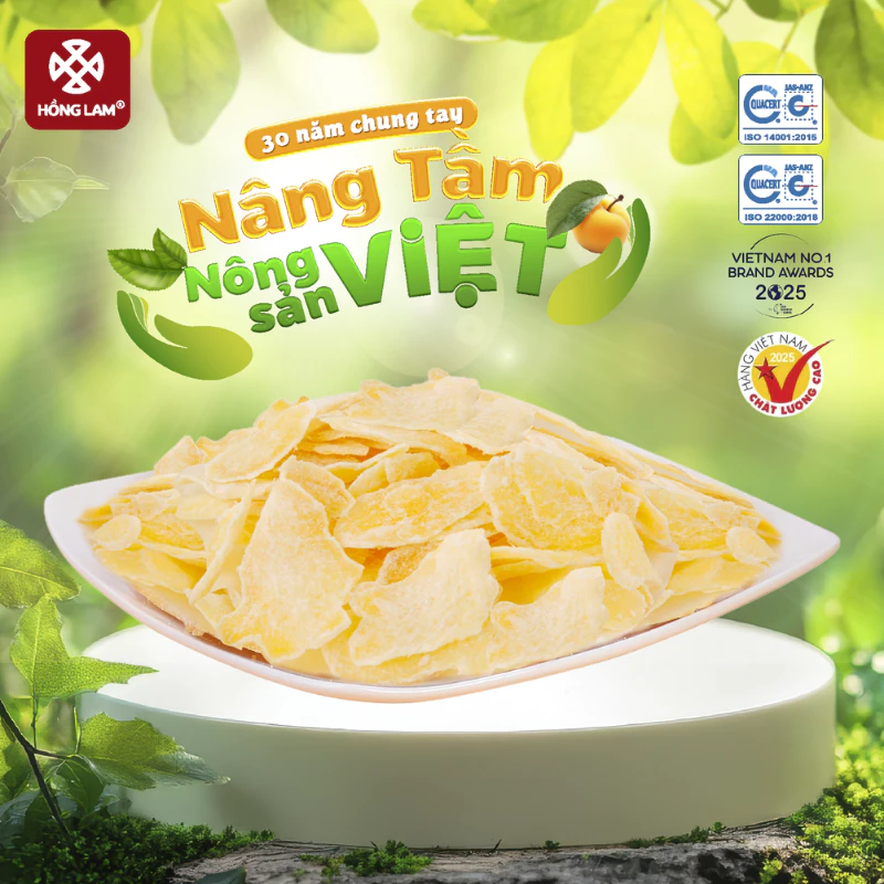 Mứt gừng Hồng Lam. Dạng túi và hộp. Có vị ngọt, cay dịu của gừng