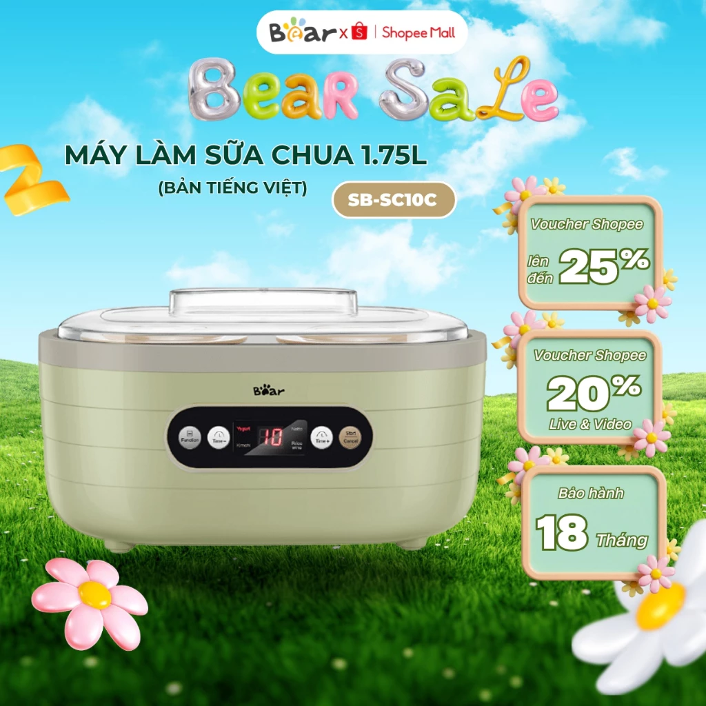 Máy làm sữa chua 1.75L Bear SB-SC10C, 20W, Tự động, Lên men tự nhiên, Chất liệu gốm sứ, BH 18 Tháng