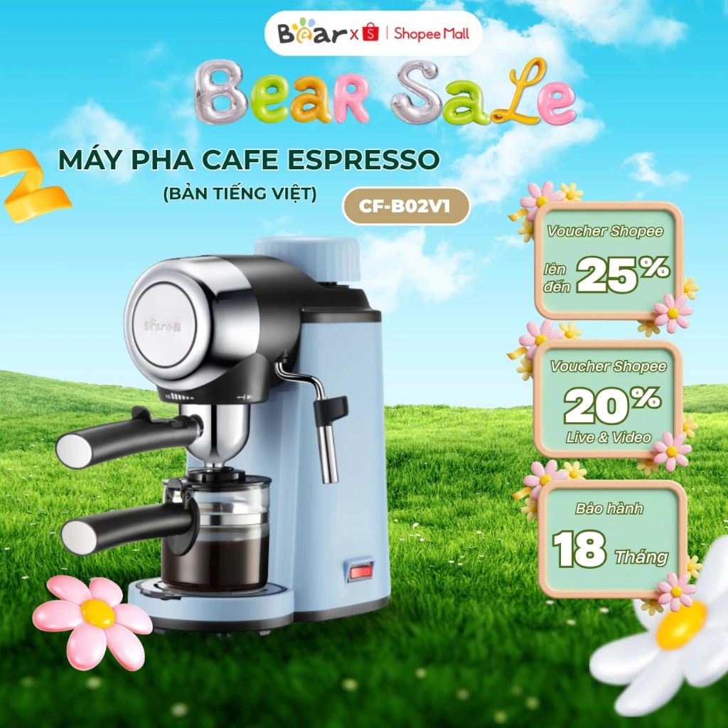 Máy pha cà phê espresso tự động Bear CF-B02V1(KFJ-A02N1), Áp suất 5Bar, Tạo bọt sữa, BH 18 Tháng