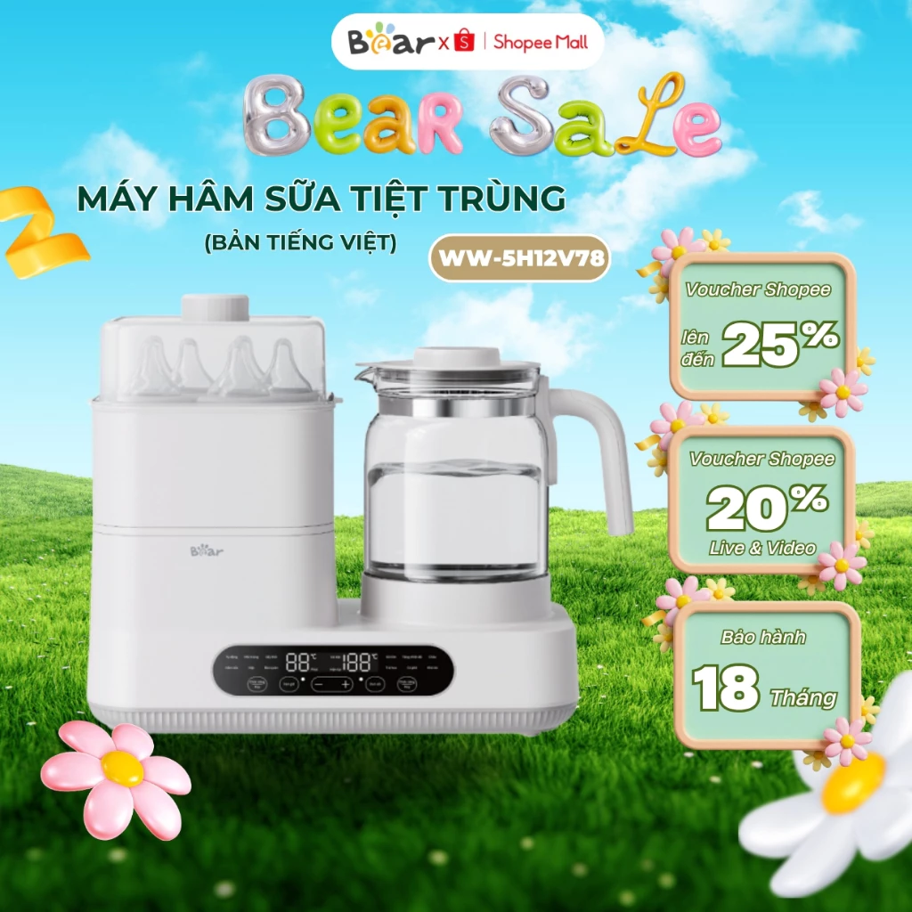 Máy Hâm Sữa Đun Nước Tiệt Trùng 1.3L Bear WW-5H12V78, 1300W, Sấy Khô Bình Sữa Đa Năng, BH 18 Tháng
