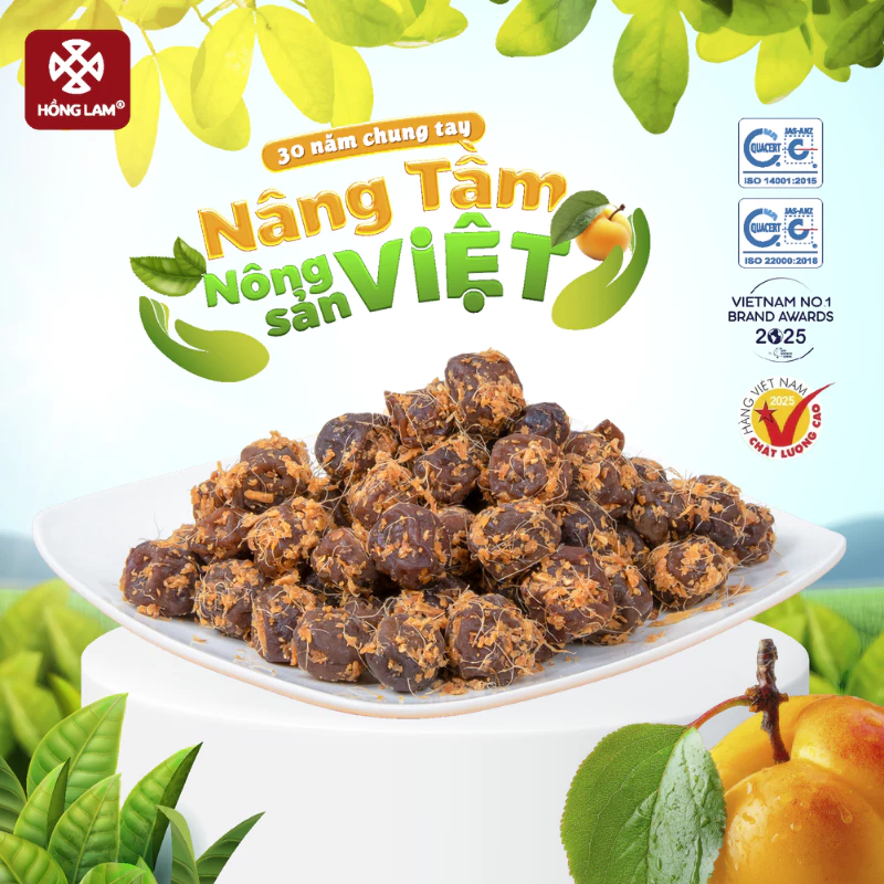 Ô mai (xí muội) mơ gừng chua ngọt Hồng Lam, dạng hộp. Có vị chua, ngọt của gừng