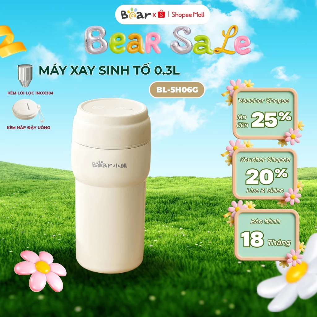 Máy Xay Sinh Tố 10 Lưỡi Tích Điện BEAR BL-5H06G, 0.3L, 50W, Xay Trái Cây, Đá Viên Nhỏ, BH 18 tháng