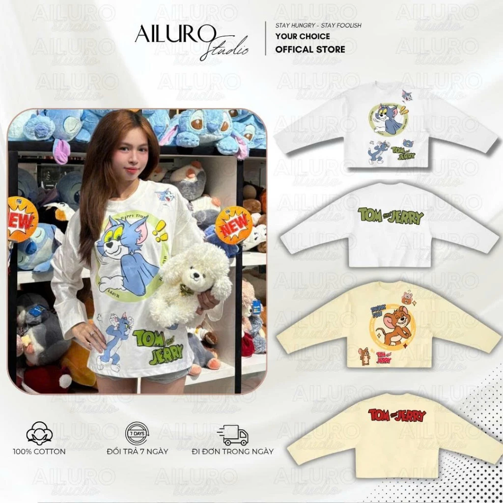 [Tom & Jerry] Áo Thun Tay Dài In Hình Tom Dễ Thương Long Sleeve Form Boxy chất 100% Cotton nam nữ form rộng