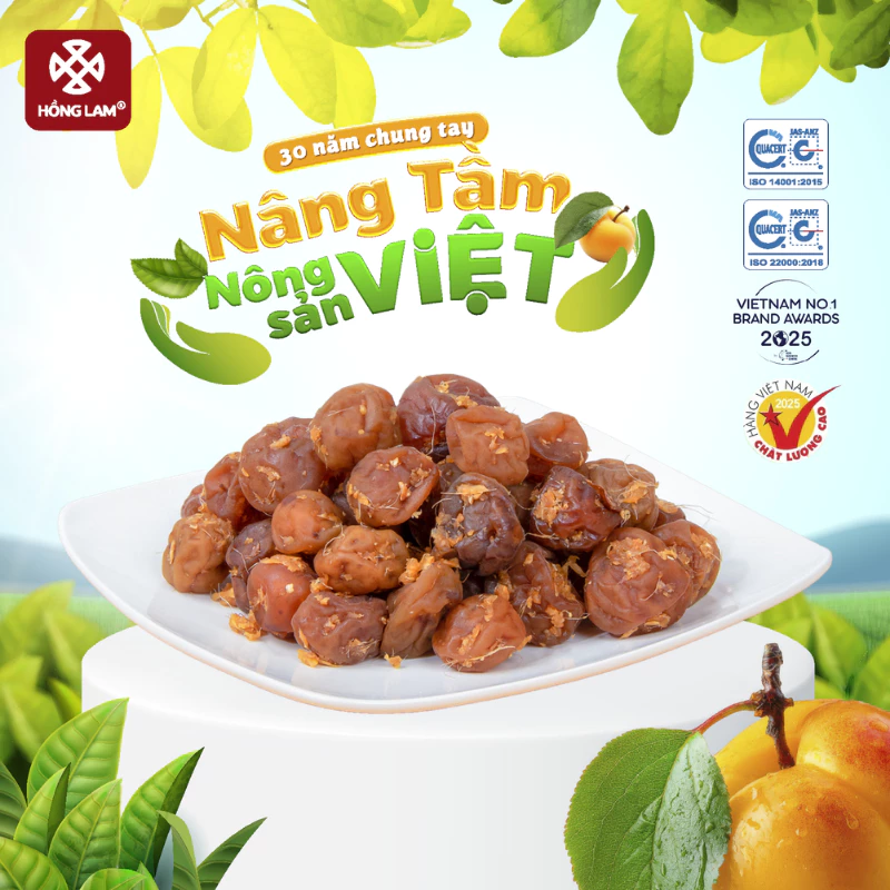 Ô mai (xí muội) mơ dẻo chùa Hương Hồng Lam. Dạng hộp và gói. Có vị chua, ngọt, dẻo của gừng