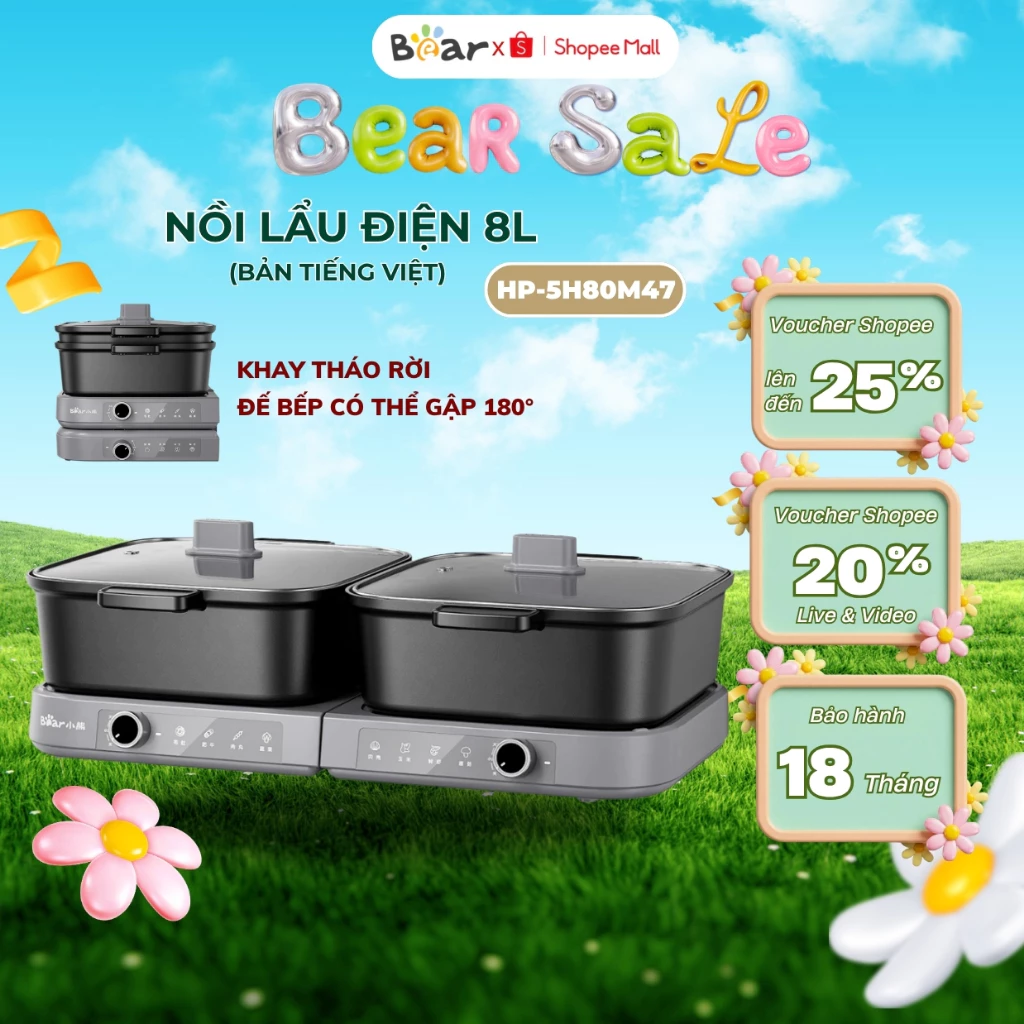 Nồi lẩu điện 8L Bear HP-5H80M47 đa năng,2100W, Tháo rời cho 2-5 người ăn,Gấp Gọn Tiện LợiBH 18 tháng