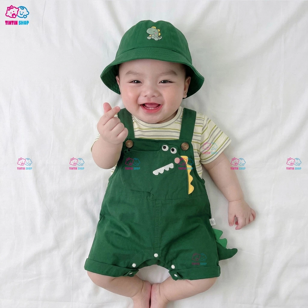 [Quần Yếm + Áo+Mũ] Bộ quần áo yếm cộc tay cho bé trai bé gái Bộ quần áo yếm trẻ em hình khủng long SLH106