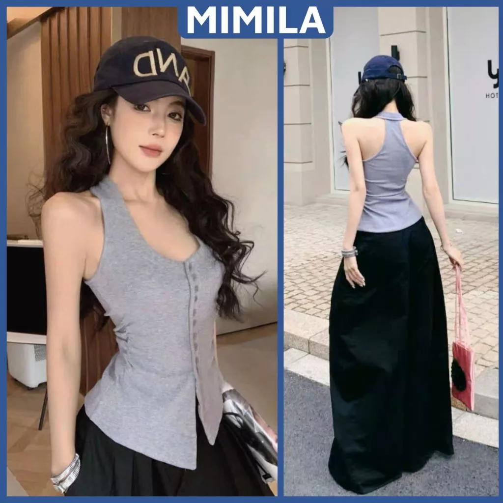 [CÓ SIZE] Áo Ba Lỗ Cổ Yếm Phối Nút Cài Dáng Dài MIMILA Nhún Eo Ôm Body Chất Thun Cotton Mềm Mát - MA359