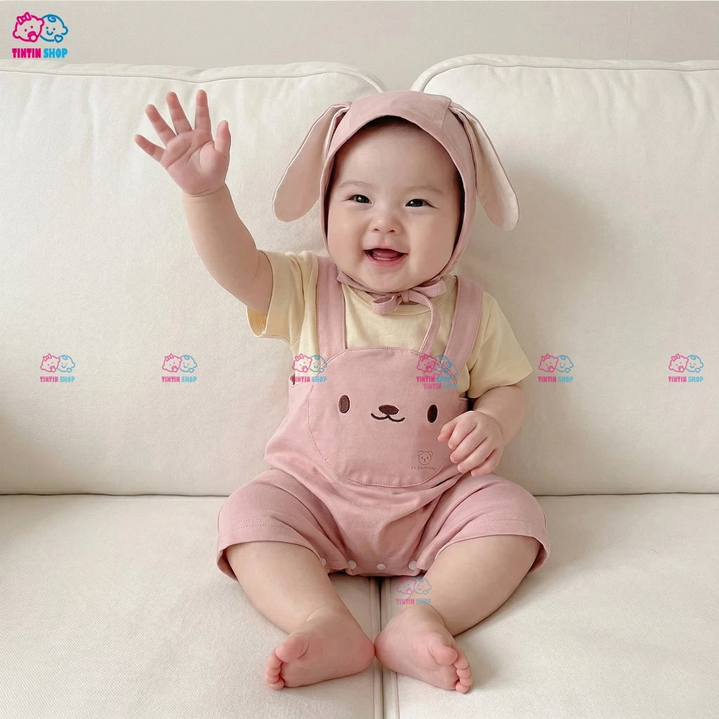 Áo liền quần Body đùi cộc tay kèm nón mũ Bodysuit cho bé sơ sinh bé trai bé gái Body tai thỏ SLH197