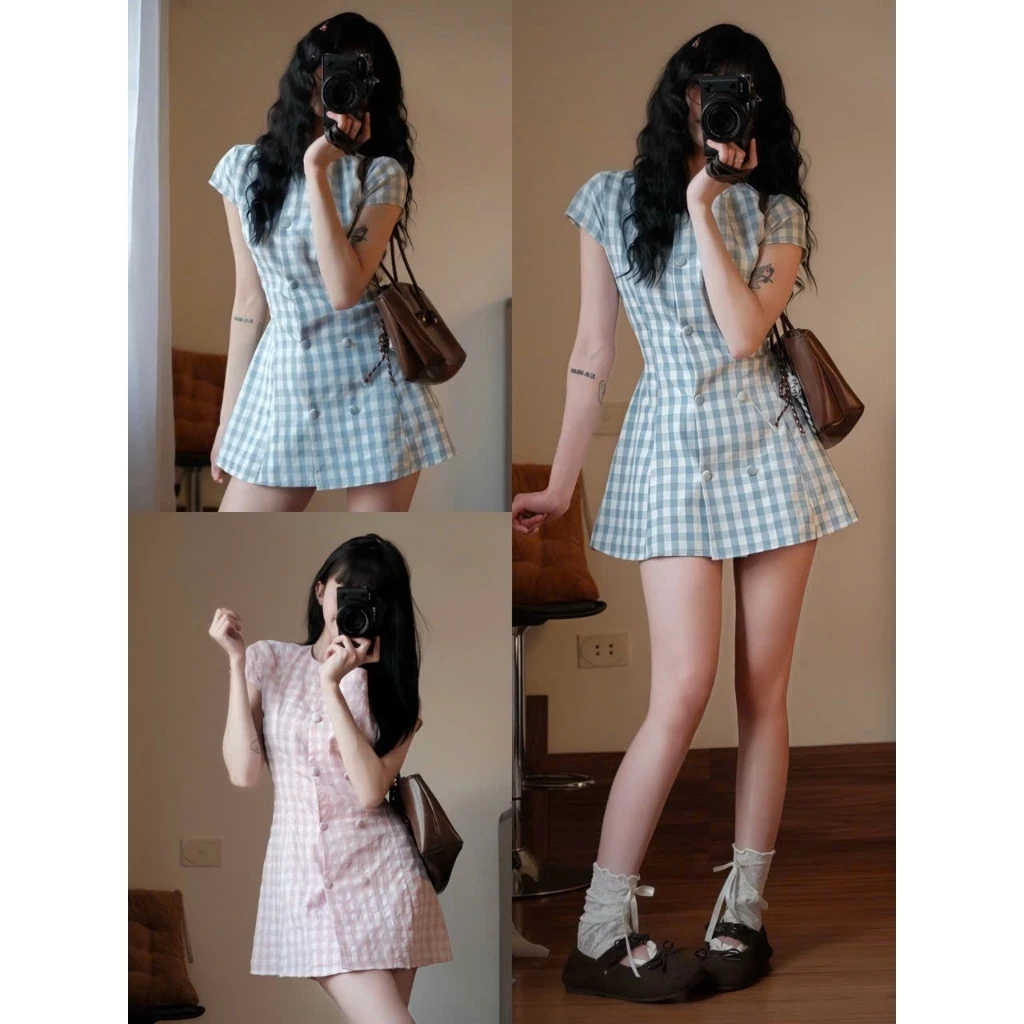 𝙏𝒉𝙖𝒐𝙫𝒊_𝑼𝙡𝒍𝙯𝒂𝙣𝒈// Váy Kẻ Caro Nữ Cúc Bọc Dáng Suông hè - Đầm Caro Hàn Quốc Ulzzang Chất Liệu Mát Siêu Dễ Thương