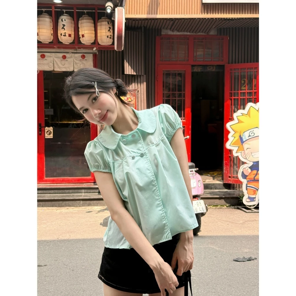 Áo babydoll 4 cúc tay bồng bềnh cổ sen, Áo kiểu babydoll dễ thương Mặc ĐI Biển, Đi Chơi - A596