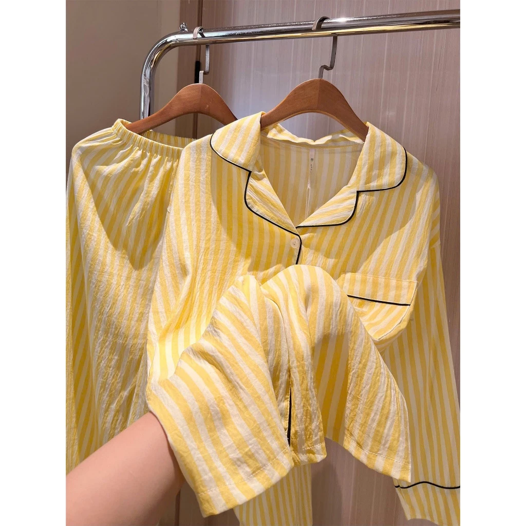 Bộ Pijama Đũi Mây Sọc Vàng Chanh , Đồ Ngủ Nữ Dài Tay Bông Mây Hàn Quốc Cao Cấp Mềm Mịn
