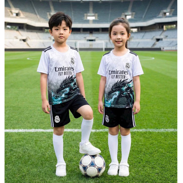 Bộ Quần Áo Đá Banh Bồ Đá ReaL Rồng Trắng Trẻ Em ĐK(Nhận In Tên Số) Thun Mè Cao Cấp Logo Thêu Kids Top Sport