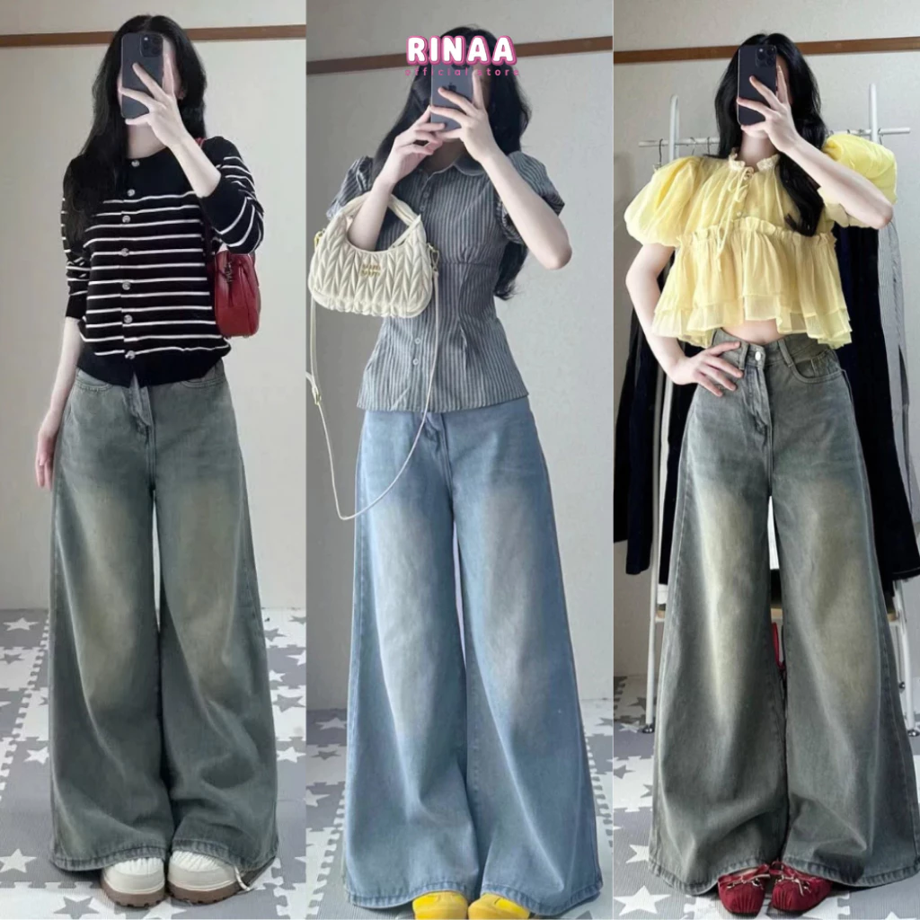 Quần Jean Ống Suông Màu Retro Xanh Xám RINAA Cạp Cao, Quần Bò Ống Rộng 27- 37cm Tôn Dáng Hot Trend